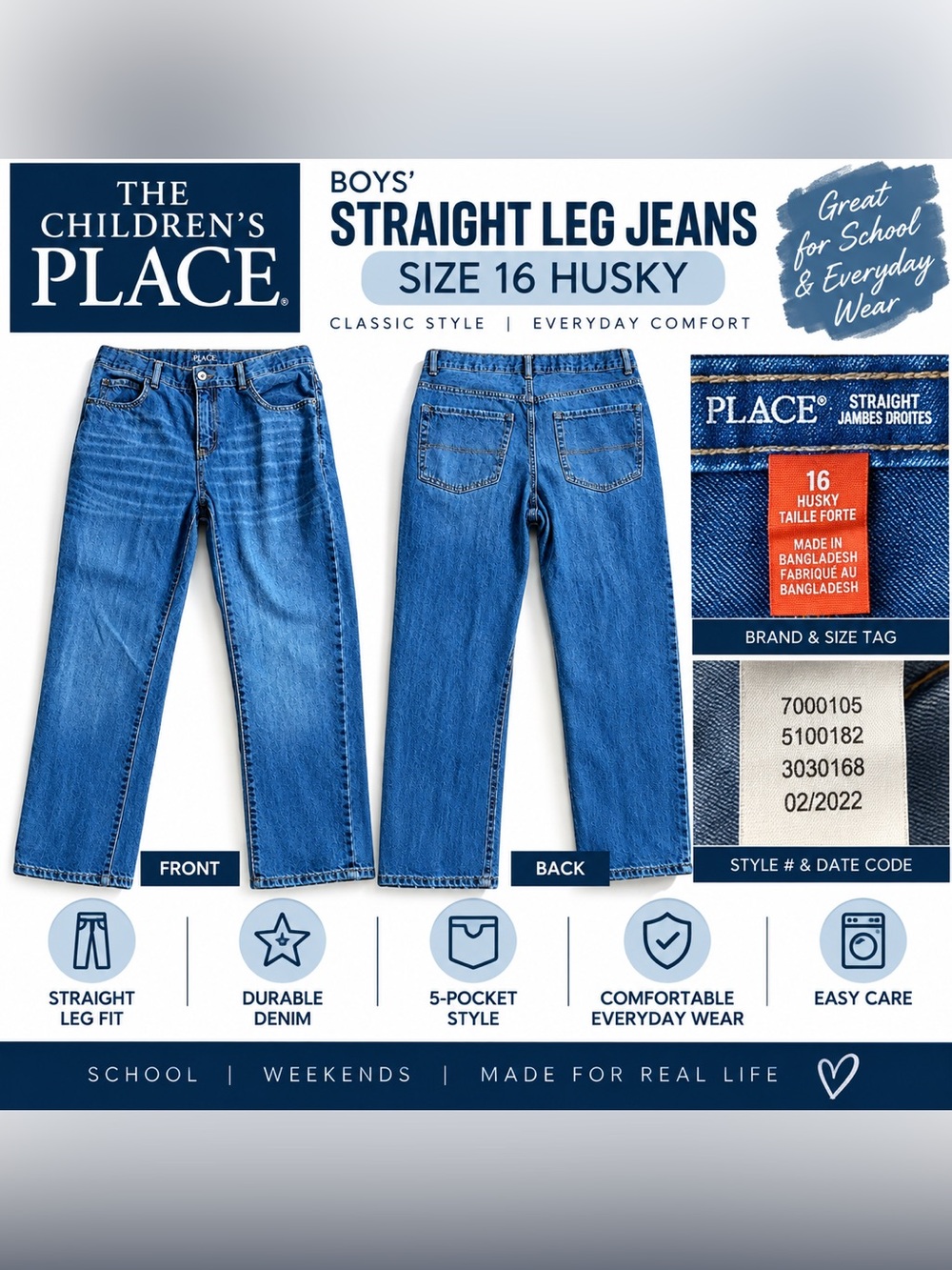 The Children’s Place Boys Straight Jeans 16 Husky Blue Denim
